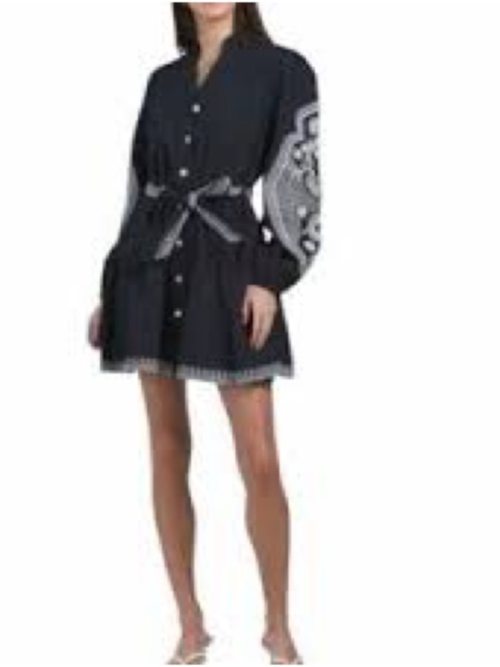 7 For All Mankind Black Button-Front Mini Dress with Patterned Sleeves